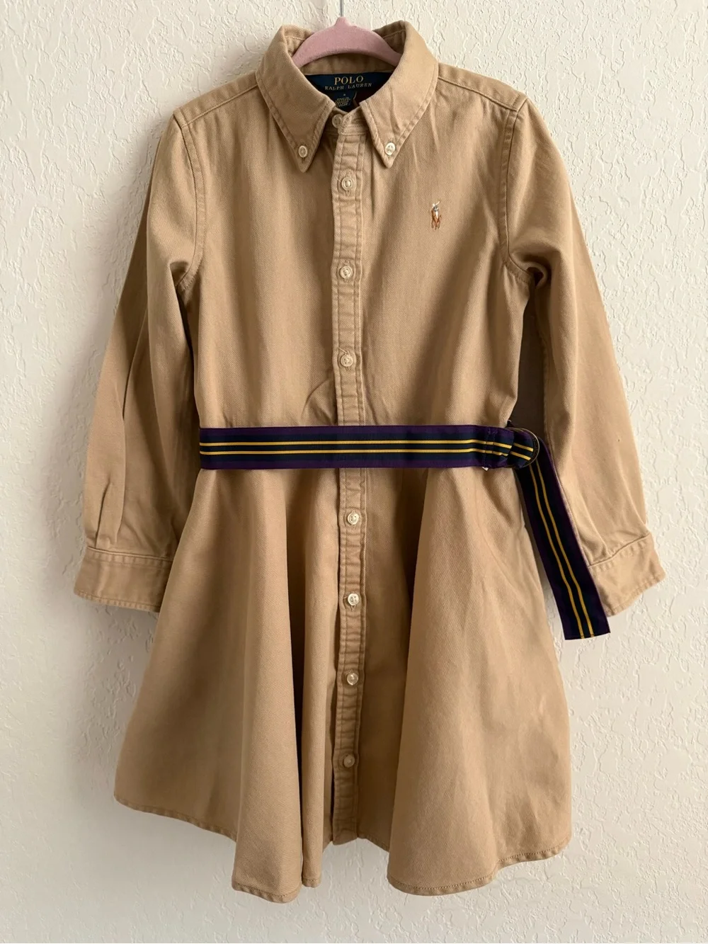 Polo by Ralph Lauren Tan Button-Front Shirtdress with Striped Waist Sash